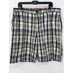 Perry Ellis America Plaid Shorts Navy Blue Olive‎ Green 100% Cotton 38W Preppy